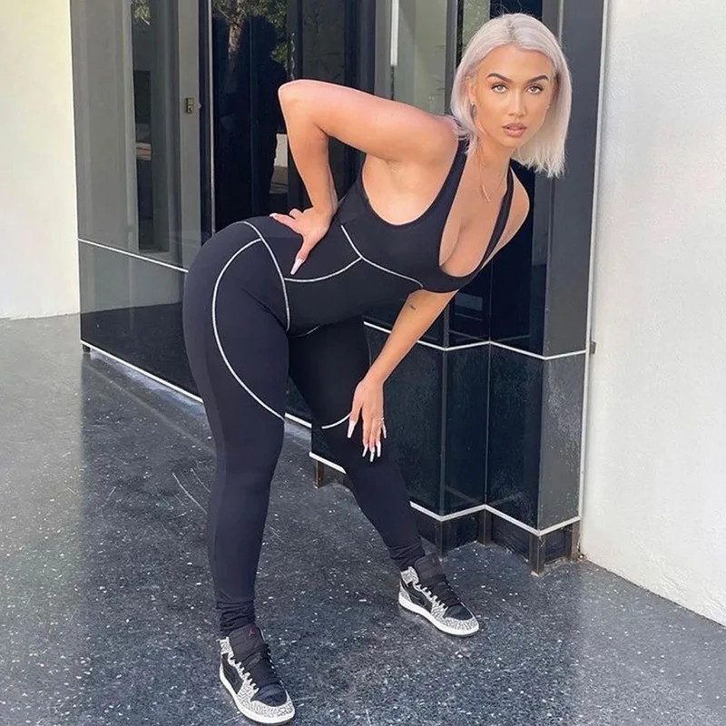 

Patchwork Fitness Casual Sporty Rompers Womens Jumpsuit Sleeveless Street Style 2021 Workout Active Wear Jumpsuits Push Up