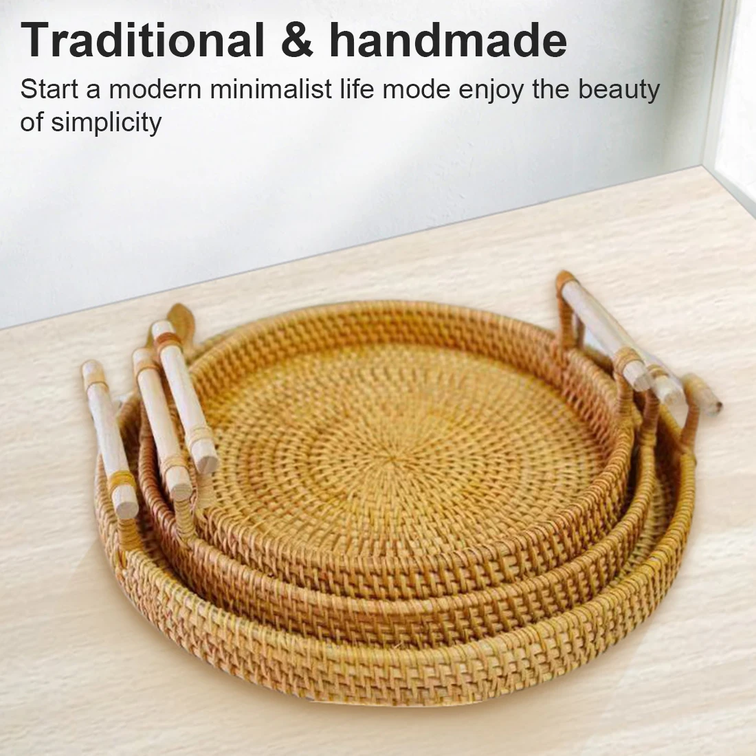 

Handwoven Rattan Storage Tray With Wooden Handle Round Wicker Basket Bread Food Plate Fruit Cake Platter Dinner Tray S/M/L