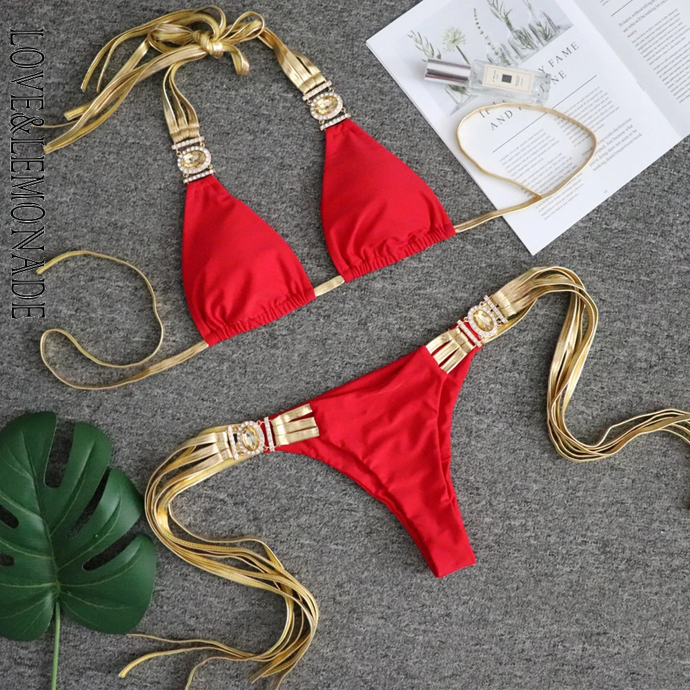 LOVE &amp LEMONADE сексуальный женский бикини с золотым ремешком стразы ювелирные