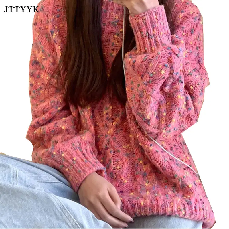 

New Autumn Long Sleeve Pullover Sweater Womens Loose Round Neck Color Knitted Sweater Women Winter Short Thick Bottoming Shirt