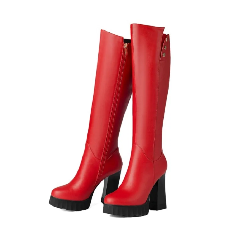 Оригинальные женские высокие сапоги до колена из натуральной кожи на квадратном