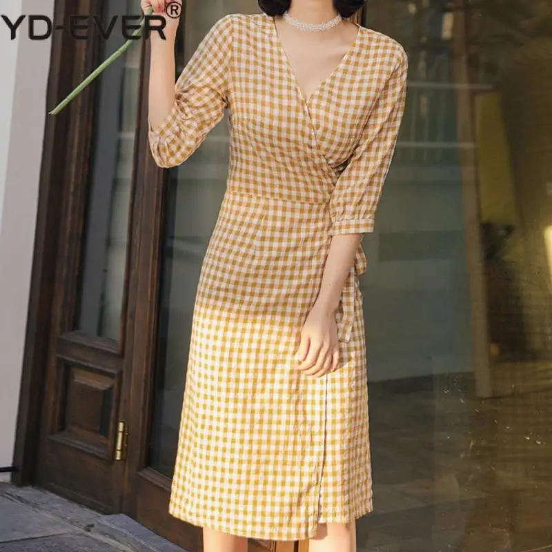 Женское платье миди в клетку винтажное из хлопка и льна с v образным вырезом Vestido