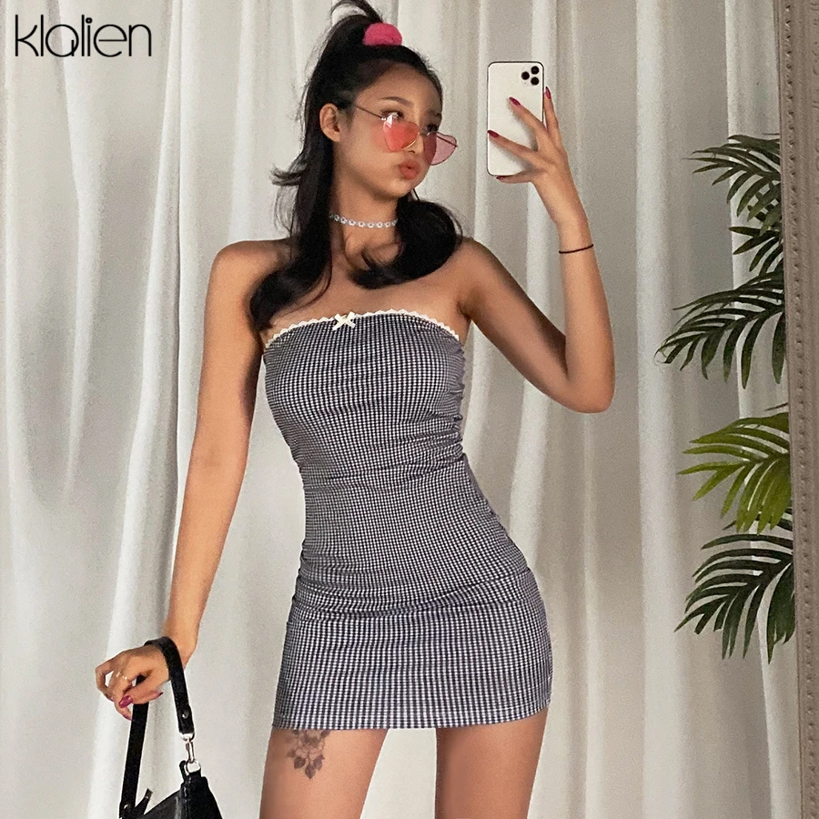 

KLALIEN Woman Fashion Sleeveless Tube Top Slim Fit Plaid Series Package Hip Dress 2021 Solid Simple Casual Sweet Girl Dresses