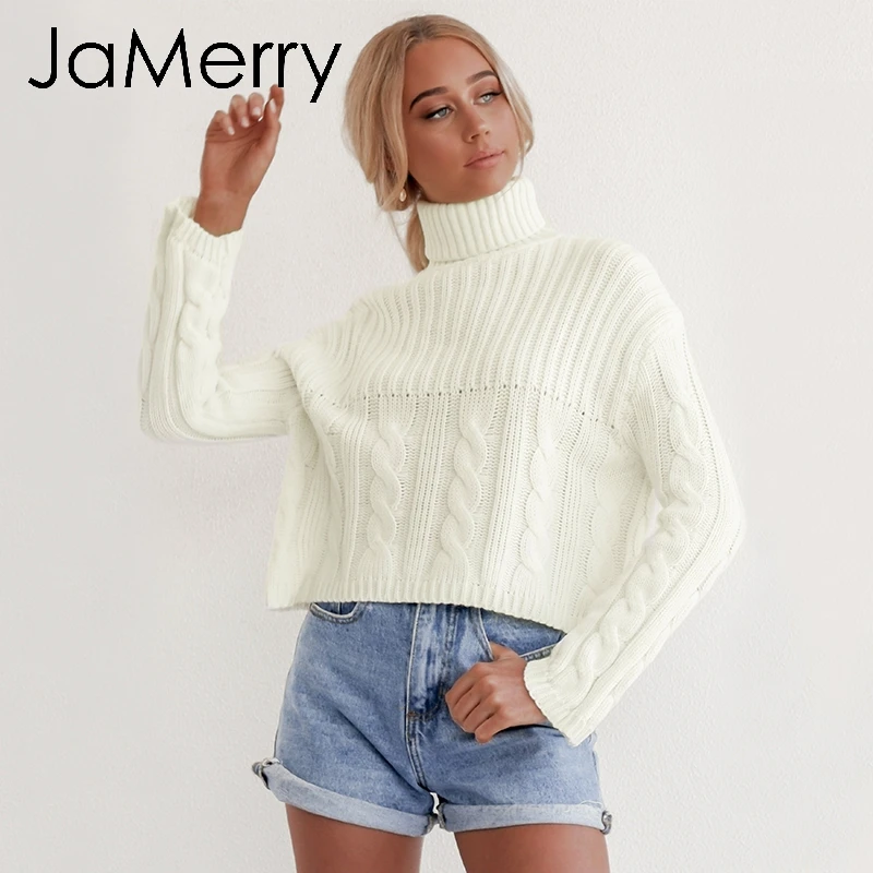 JaMerry Vintage turtleneck knitted sweater Women long sleeve pullover Elegant white solid casual winter female warm | Женская одежда