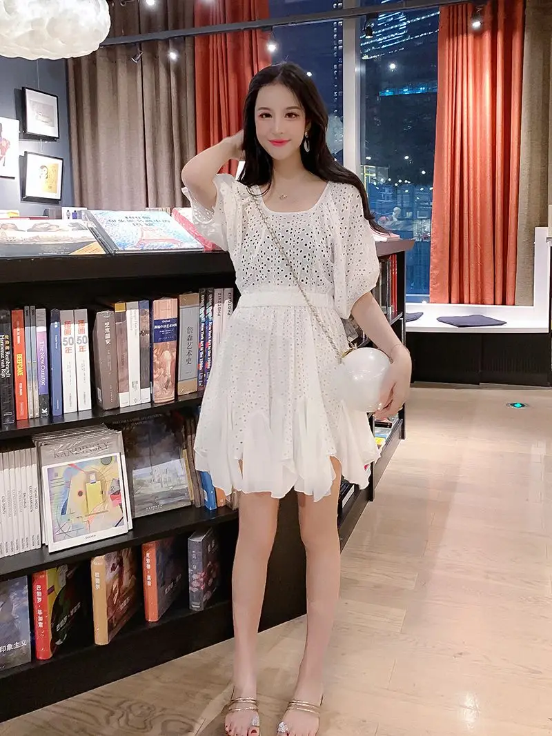 

COIGARSAM French Style Ruffles Women dress Summer Patchwork Chiffon Hollow Out Dresses Yellow White 8087