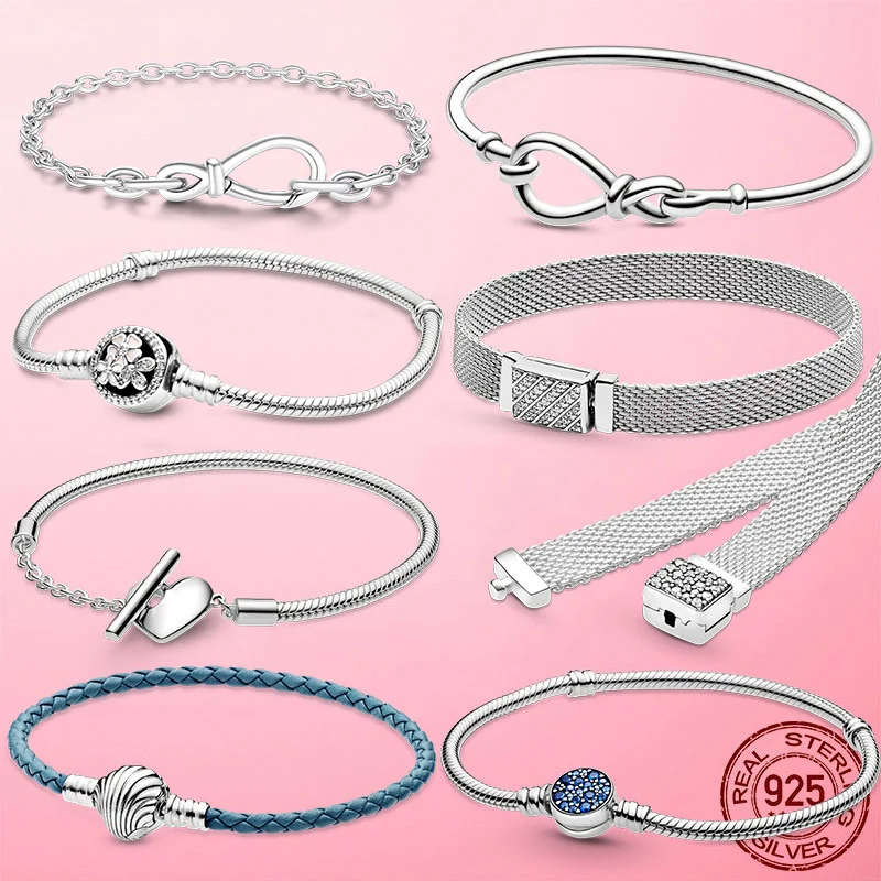 

Pulseira 925 Sterling Silver Bracelet Femme Snowflake Heart Infinity Mesh Reflection Snake Chain Bracelets Bangles Women Jewelry