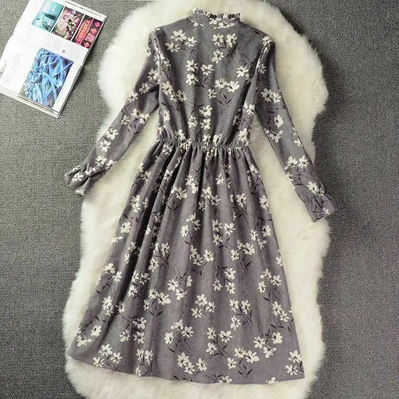 

Autumn and Winter Women's Sweet Corduroy Dress Stand Collar Printed Long Sleeve Temperament
