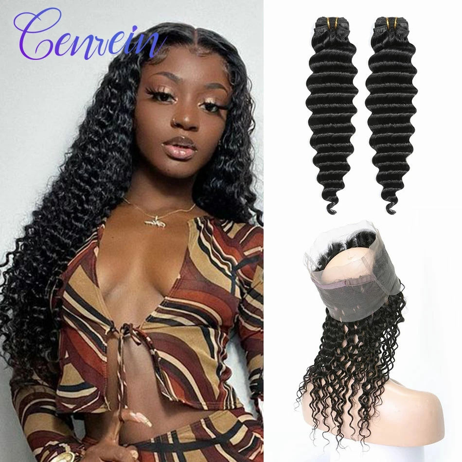 

Genrein 360 Lace Frontal With Bundles Remy Human Hair 2 Bundles With Frontal Malaysian Deep Wave Bundles With Frontal
