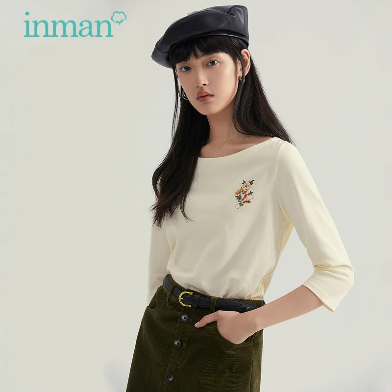 Женская футболка INMAN осенне-Весенняя простая с вышивкой в виде цветов и круглым