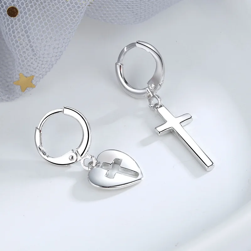 

Hip Hop Cross Earrings for Women Love Heart Cross Asymmetrical Couple Hoop Earring Personality Punk Jewelry Accessories Gift