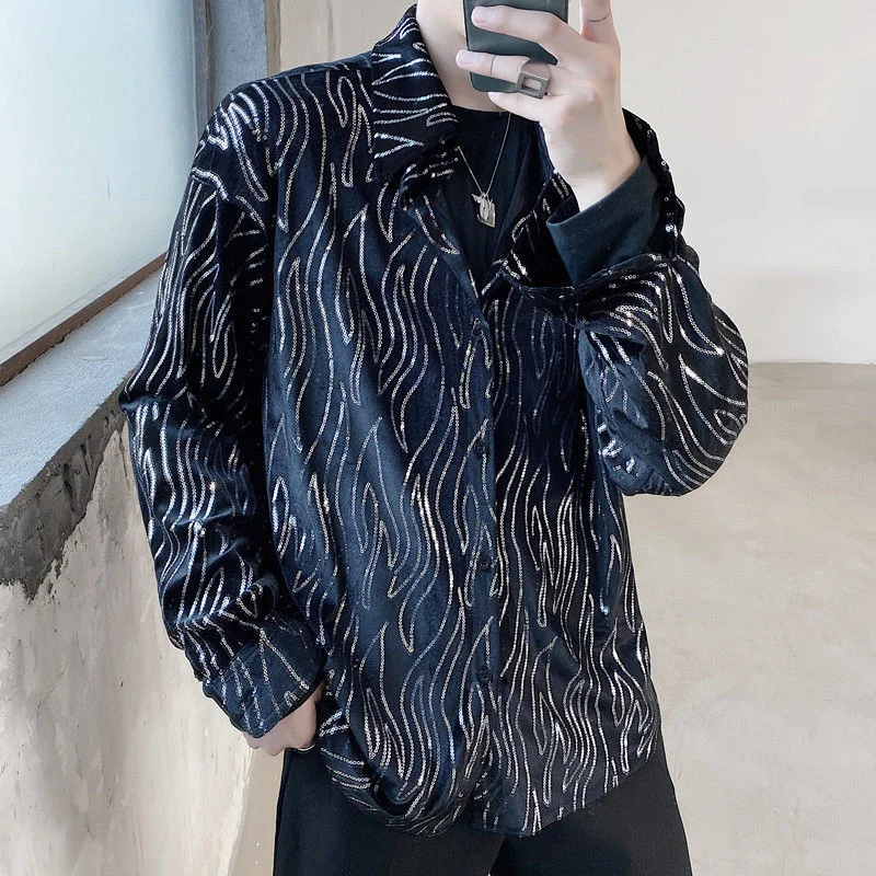 

Рубашка мужская с длинным рукавом, модная однобортная блузка оверсайз с отложным воротником, с блестками, дизайнерский Топ, весна 2022