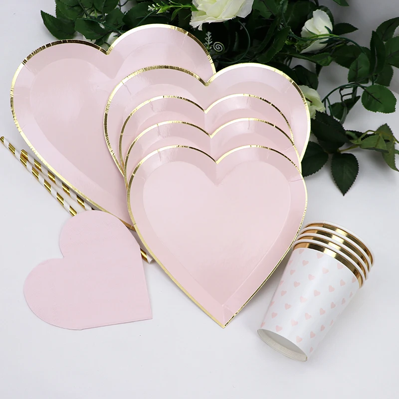 

65Pcs/lot Gold Pink Disposable Tableware Paper Plates Cups Straws Party Wedding Birthday Carnival Valentine's Day Supplies Decor
