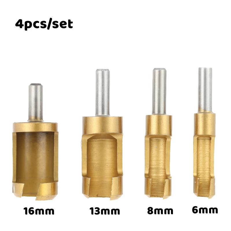 

4Pcs Titanium Coated Shank Barrel Cork Drill Bit Plug Cutter Bored Hole Tenon Drills Hole Saw Arbors Woodwork Hole Opener Tools