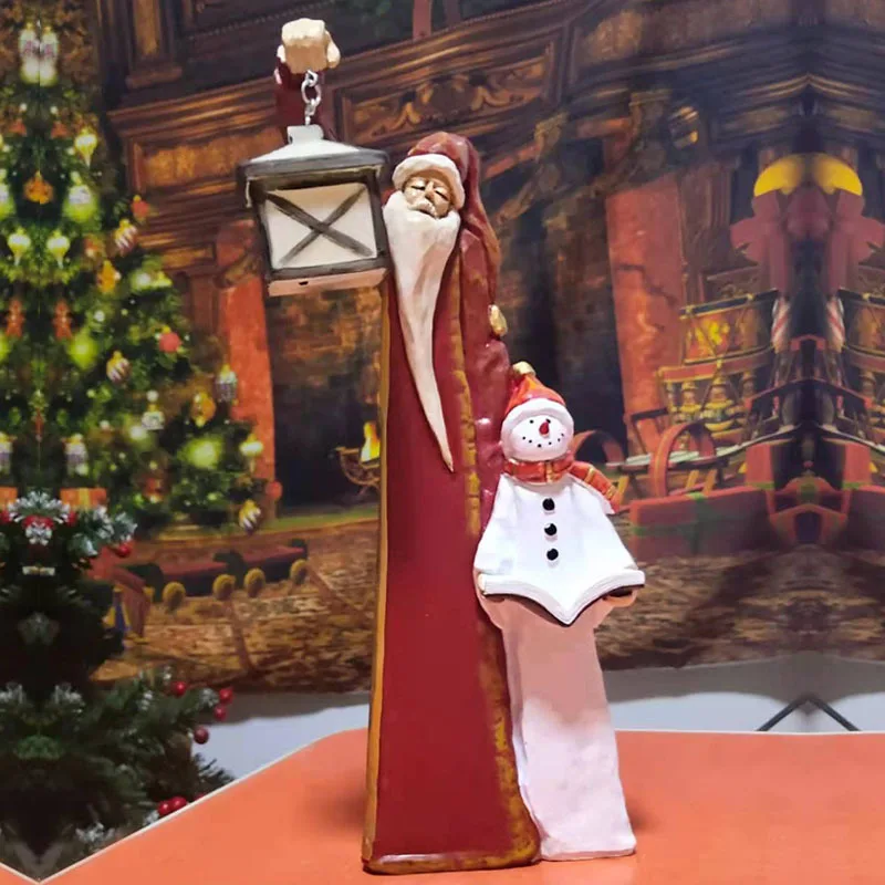 

Santa Claus Snowman Tabletop Figurine with Lantern LED Light Up, Resin Statue Christmas Figurine Figure Decoration