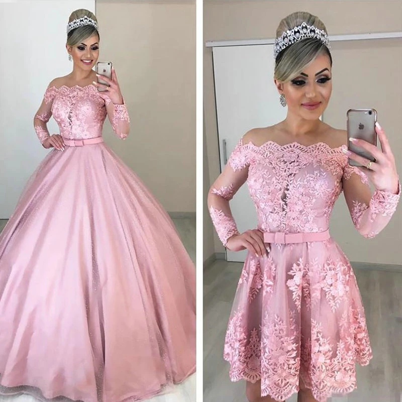 

Hot Sale Quinceanera Dresses Sweet 16 Blush Pink Puffy Prom Dresses with Detachable Skirts Illusion Lace Long Sleeves Formal