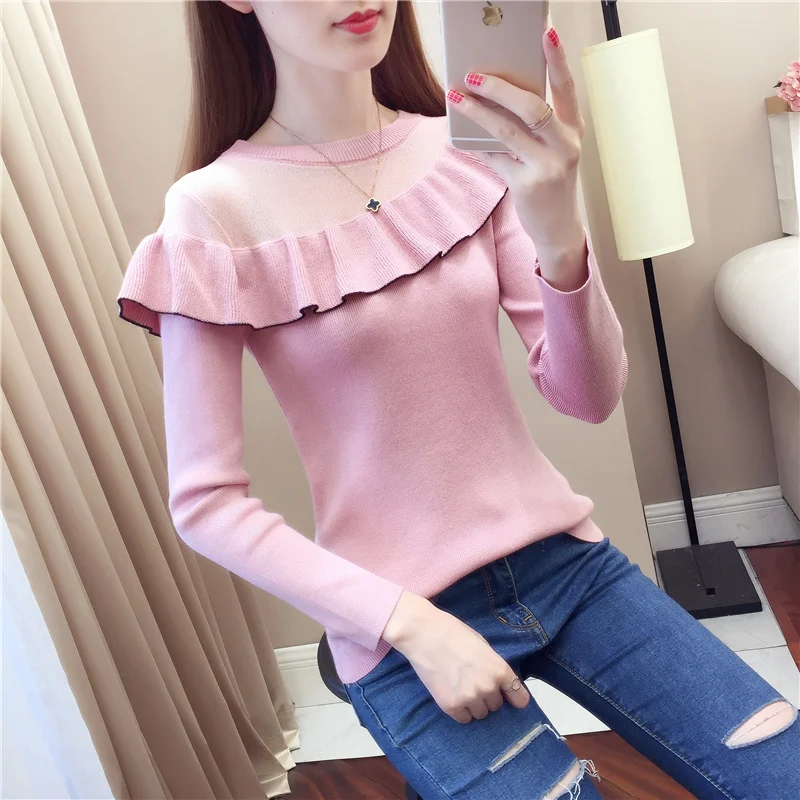 

2021 winter new round neck sweater women's slim knit sweater long sleeves Black