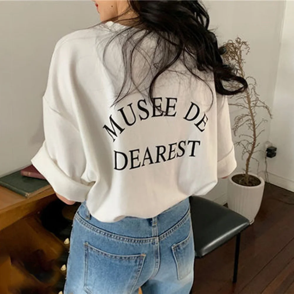 

Casual Woman T-shirts Tops Letter Printed Autumn White Tee Short Sleeve 2022 Korean Japan Round Neck Lady Girls T-shirt New Top