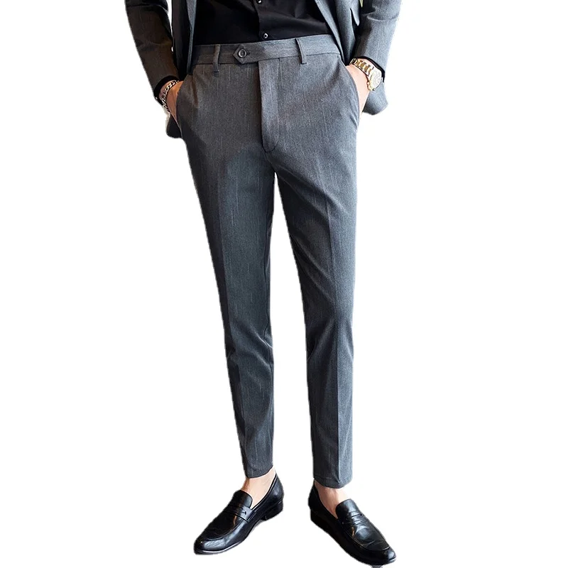 

Quality Men Spring Fall Straight Suit Pants Solid Color Business Formal Thin Plus Size Ankle Length Smart Casual Trouser Male