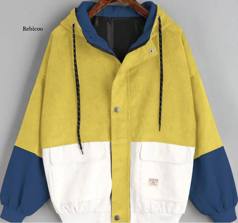 

2021 Korean College Style Student Bf Loose Color Matching Hooded Baseball Uniform Corduroy Tooling Jacket Women