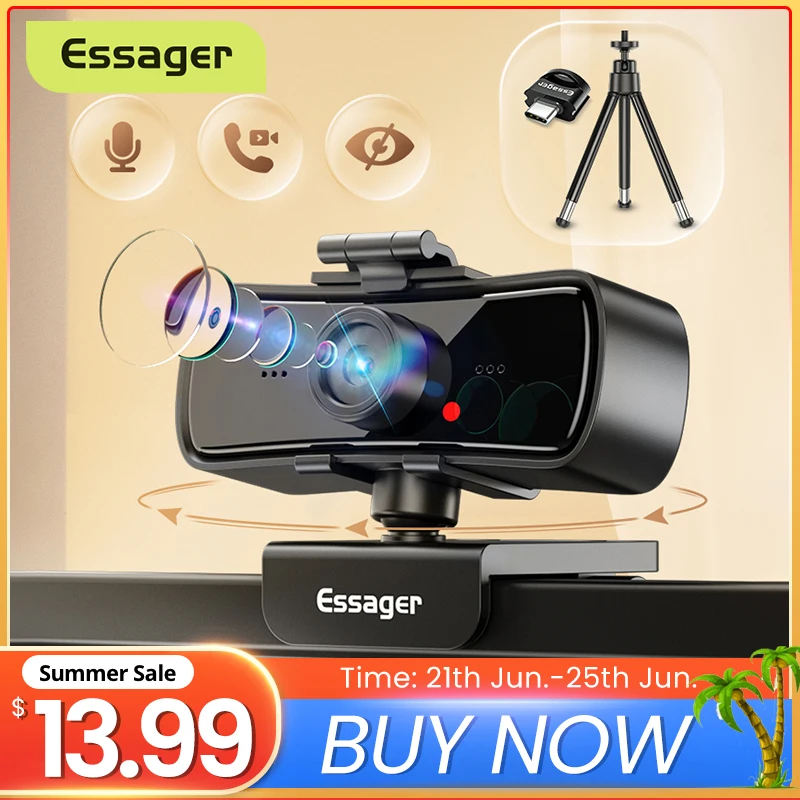 Essager C3 1080P камера 2K Full HD веб Камера для компьютера ноутбука USB С микрофоном