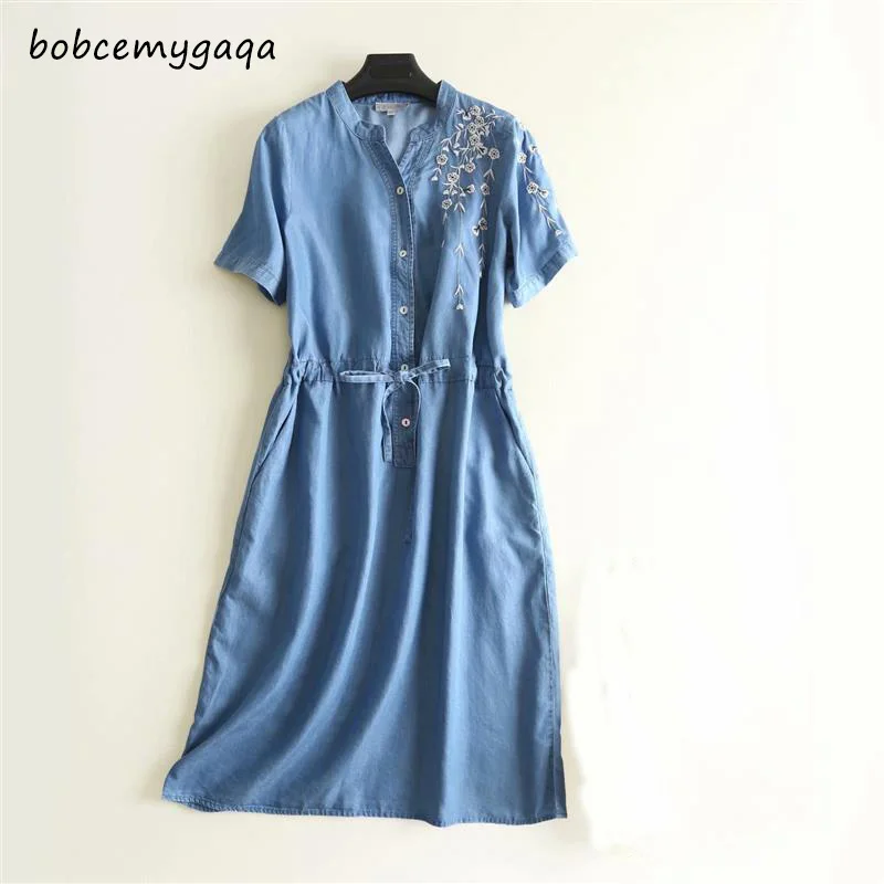 

summer soft denim long shirt dress tied waist button short sleeves work office dress blue floral embroidery long Jeans dresses