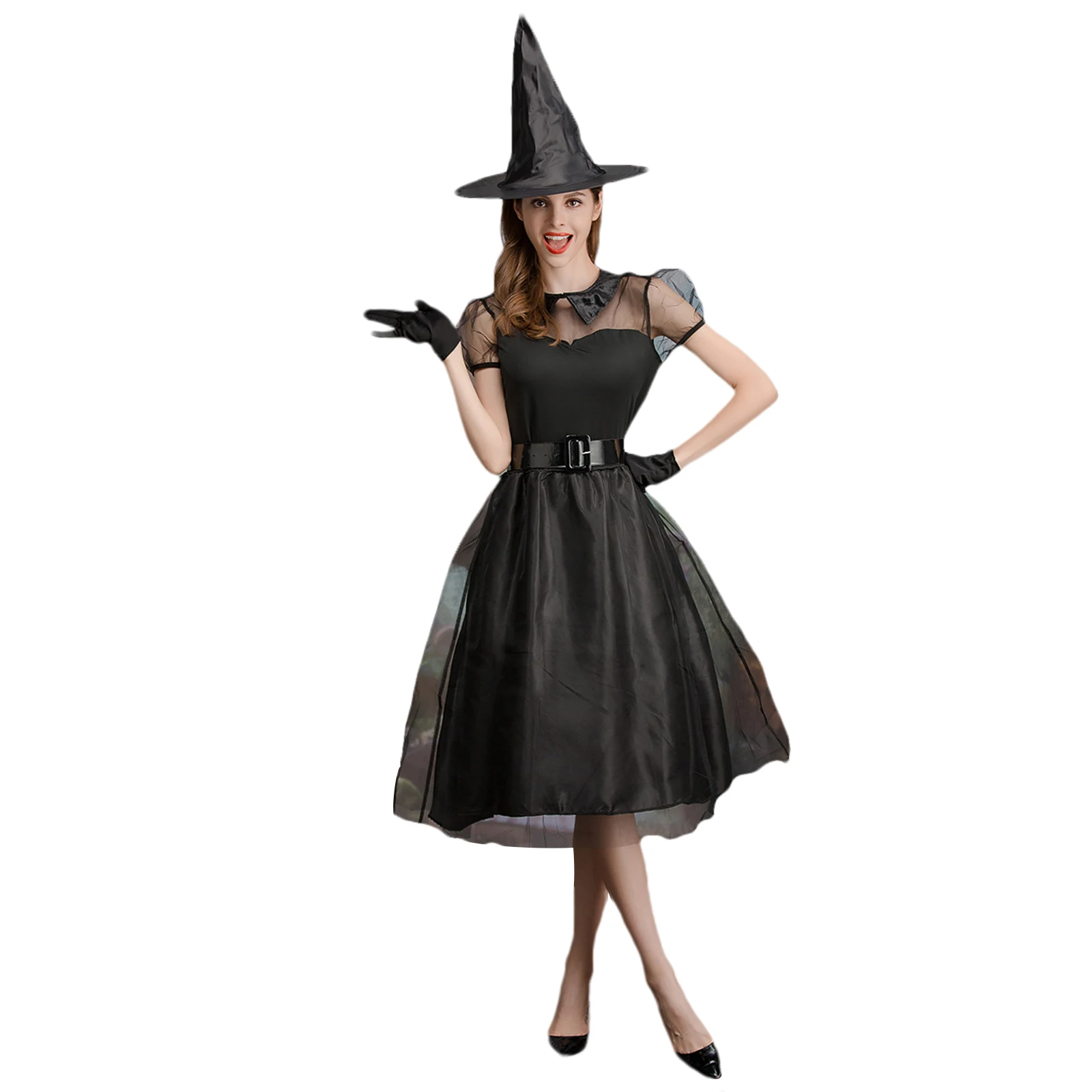 

Halloween Dress Three Piece Set Shoulder Lace Perspective Lapel Skirt Witch Hat Black Gloves Role Play of Carnival 2020 New