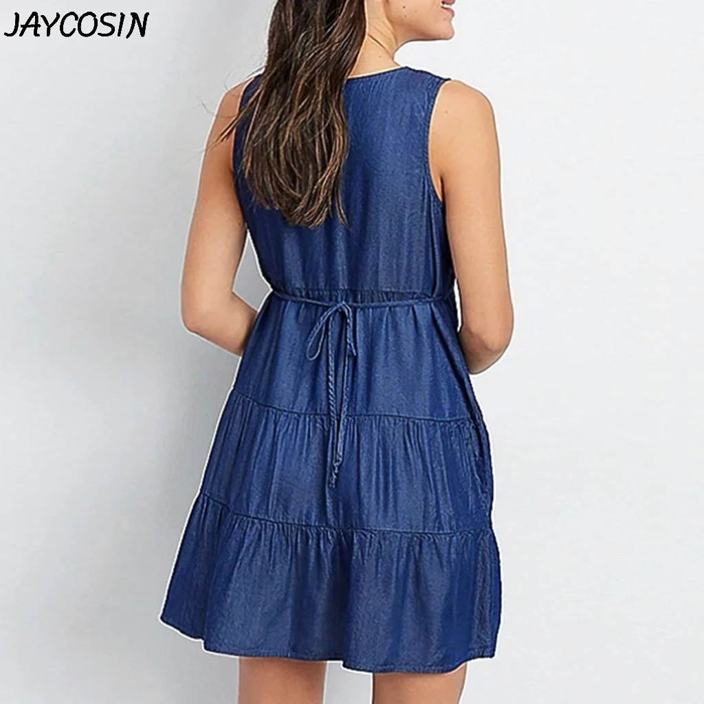 JAYCOSIN женское джинсовое платье летнее Повседневное без рукавов с пуговицами и