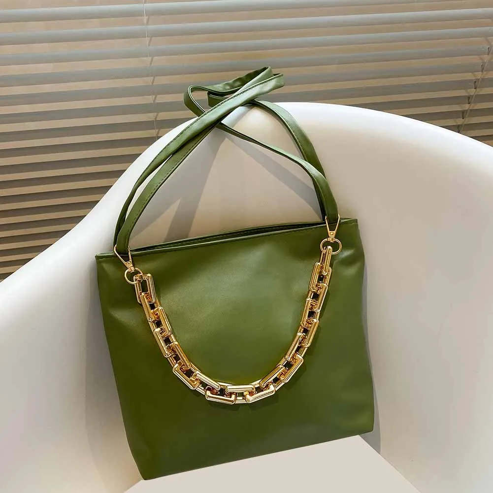 

Vintage Women Leather Shoulder Bags Temperament Ladies Shopping Underarm Bag Golden Chain Decor Small Purse Handbags