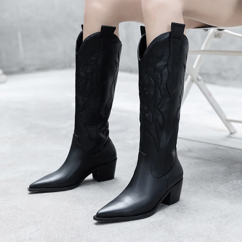 

ISNOM Western Boots Women Mid-Calf Boot Woman Pointed Toe Thick Heels Shoes Female Cow Leather Sewing Shoes Ladies Winter 2020