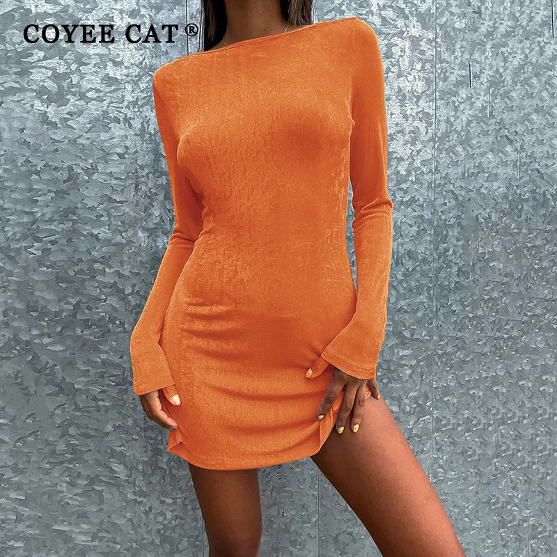 

Coyeecat Orange Knitted Sheath High Street Round Neck Sexy Backless Bandage Thigh Split Pullover Mini Dress Women Autumn Fashion