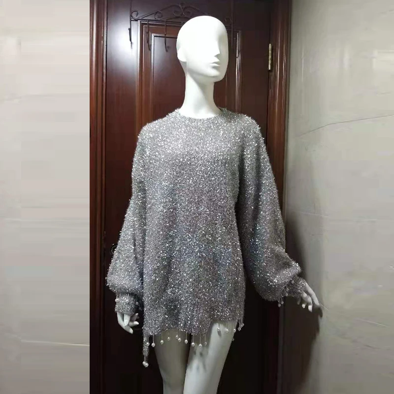 Женский Длинный пуловер с перламутровой бахромой толстый Толстый Пуловер