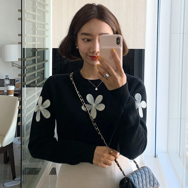 Женский свитер с вышитым цветком Gaganight пуловер длинным рукавом и круглым вырезом