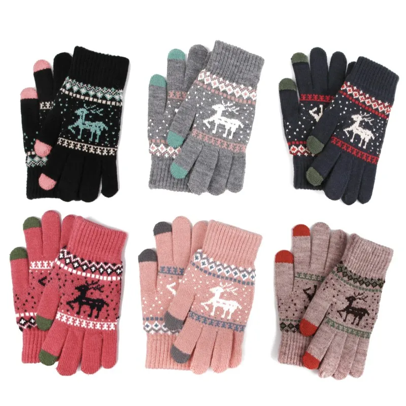 

2021 Christmas Elk Printed Knitted Gloves Thicken Warm Winter Touchscreen Glove Women Girls Full Finger Gloves Outdoor Shopping