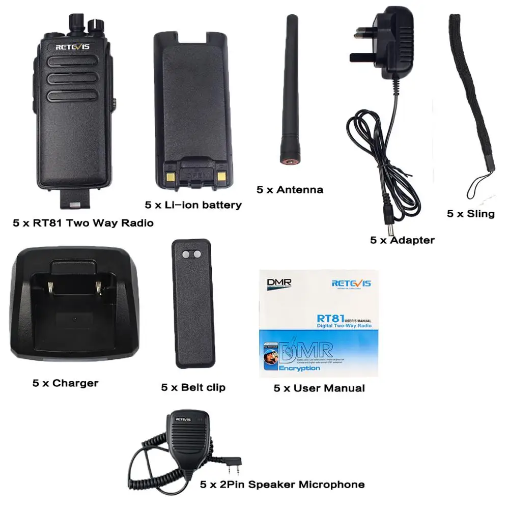 5 шт. DMR RETEVIS RT81 10 Вт IP67 Пыленепроницаемая Водонепроницаемая рация 32CH UHF шифрование