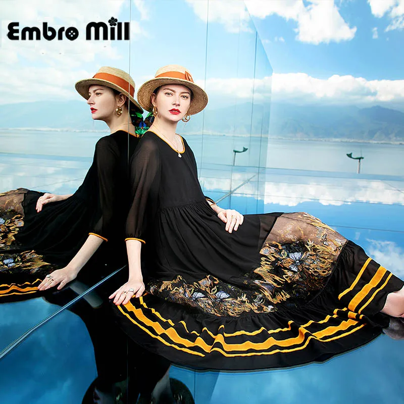 

Spring New High Quality Printing Dress Street Style O-neck Loose Waist Elegant Vacation A-line Dress S-XL