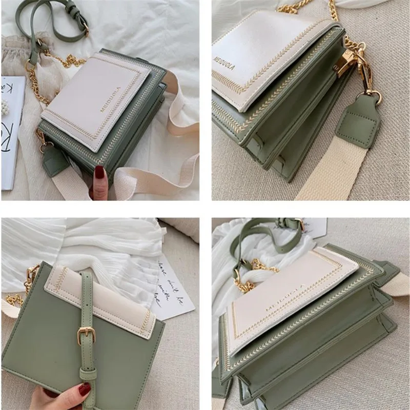 

2019 Girl Wide Shoulder Bags Chain Small Square Bag for Woman Portable Shoulder Bag Luxury Handbags Pu Leather Crossbody Bag