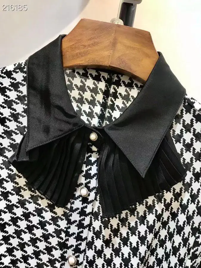 

Runway 2021 Summer Dress Women Designer Houndstooth Print Belt High Vintage Slim Casual Vintage Midi Shirt Dresses