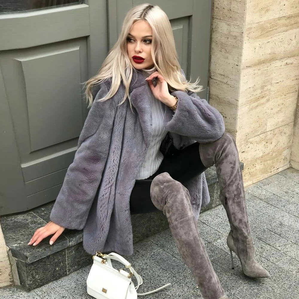 Women's Real Mink Fur Coat Winter Fashion Grey Color Full Pelt Genuine Mink Fur Jacket Medium Length Natural Fur Overcoats Woman