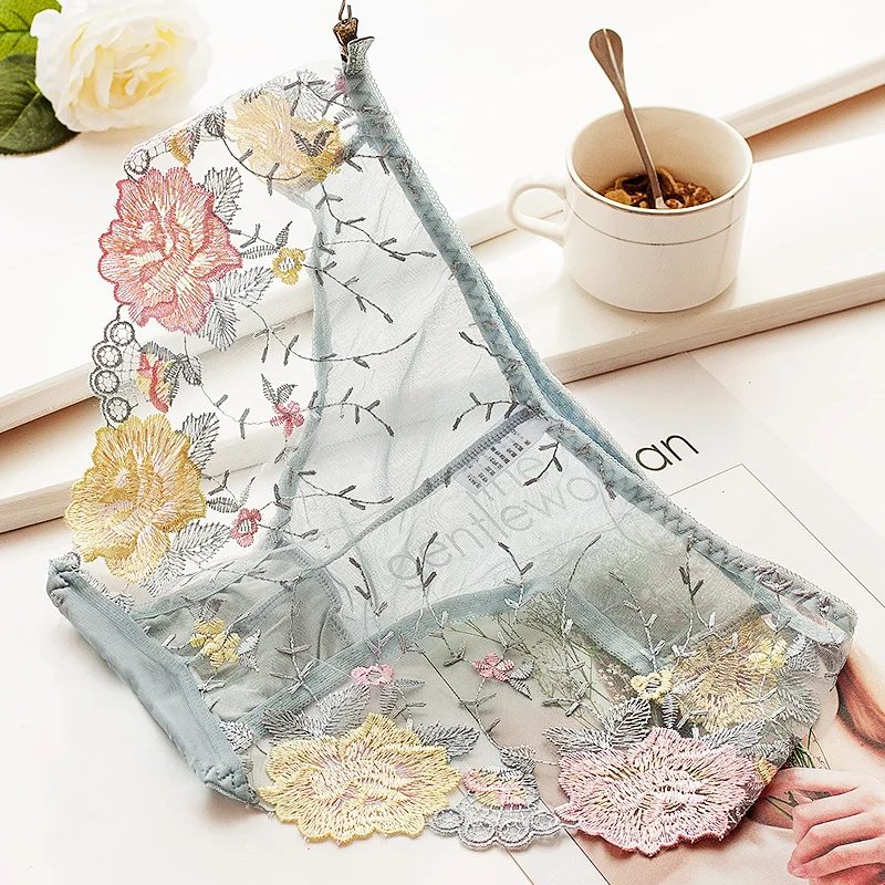 Женские кружевные трусики с вышивкой Wasteheart белые синие хлопковые низкой талией