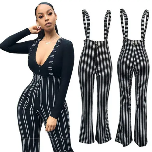 

Women Casual Overalls Trouser Striped Bib Pants Suspender Flared Trousers