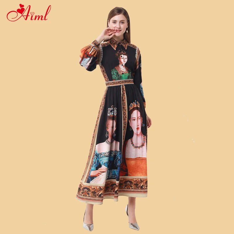 Женское винтажное платье средней длины с длинным рукавом Дизайнерское черное