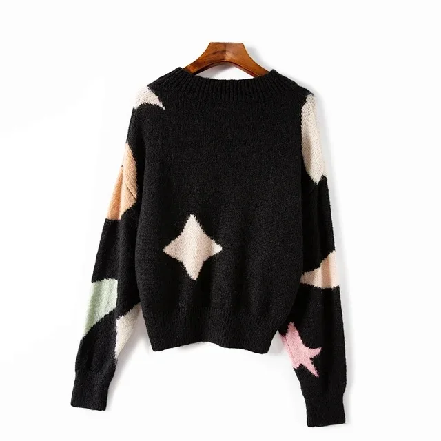 

2020 Fall/Winter Wool Alpaca Contrast Geometric Design Crew Neck Sweater