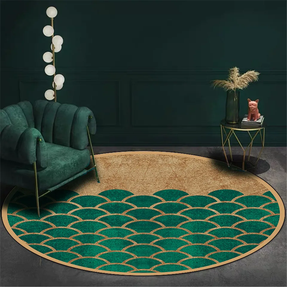 

Nordic Green Fish Scale Printed Round Floor Mats For Living Rooms Rug Coffee Table Simple Fashion Non-slip Mat Bedroom Decor
