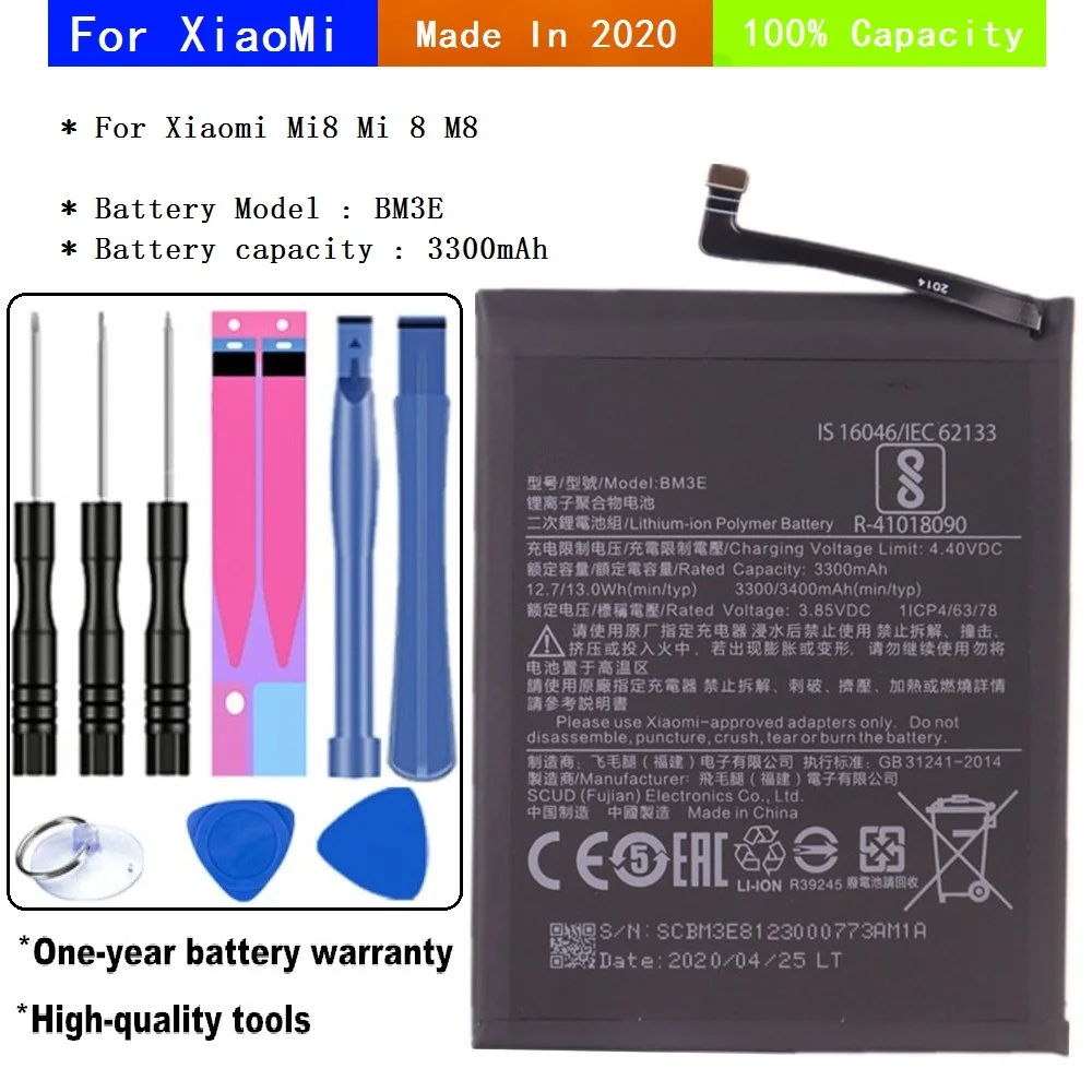 

For Xiaomi Mi 8 Mi8 M8 Mobile Phone Battery 3300mAh BM3E Original Capacity Replacement Batteries + Tools