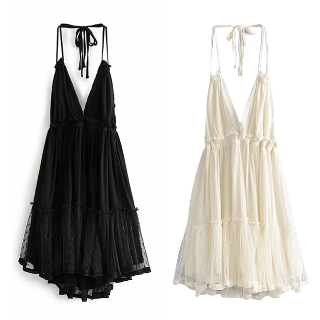 Летнее богемное платье женское сексуальное вязаное с открытой спиной оборками V