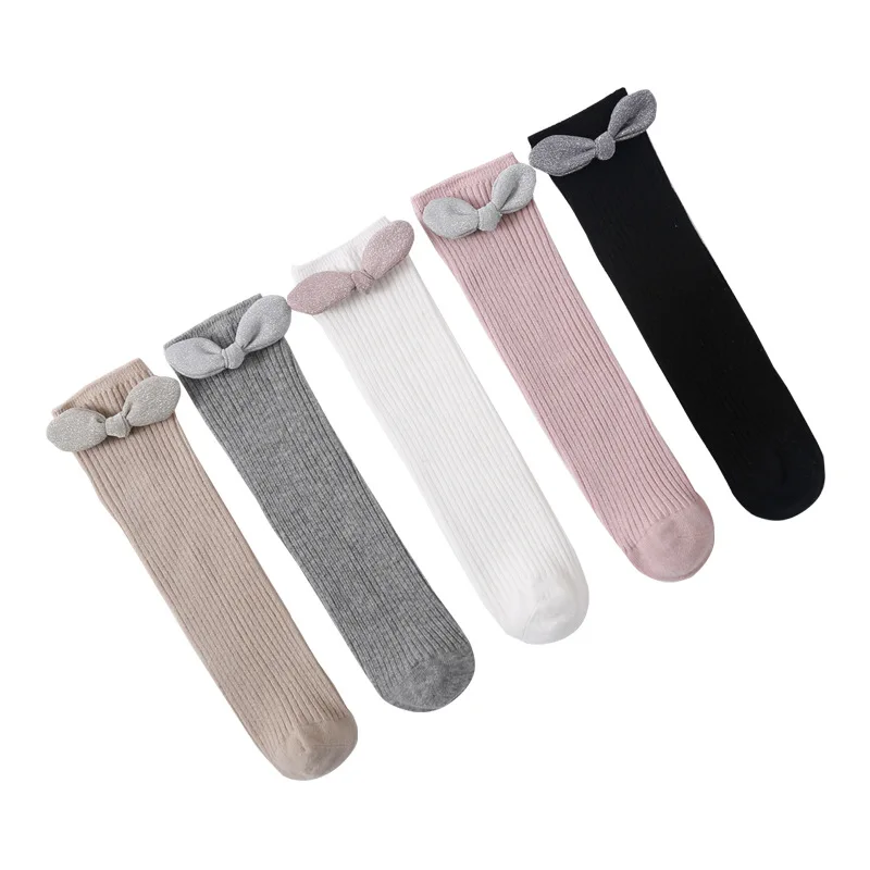 Детский чулок из чесаного хлопка для девочек однотонный вязаный с бантом