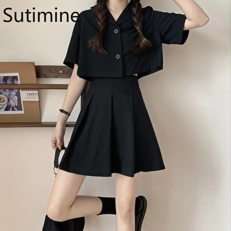 

Sutimine Pleated Skirts Suit Short Sleeve Blazer and Skirt Women Two Pieces Set High Waist Mini Skirt and Crop Top for Bad Girls