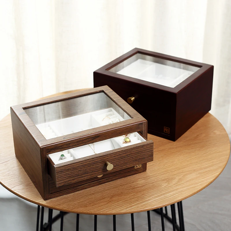 Casegrace Large Glass Display Wooden Jewelry Box Organizer With Drawer Wood Earring Ring Necklace Jewellery Storage Case Casket