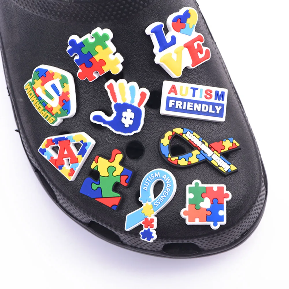 

Autism Awareness Charm For Shoes Puzzle Flat Back Planar Resin Hair Bow Centers Craft Cabochon DIY Crafting Decoration For Clogs