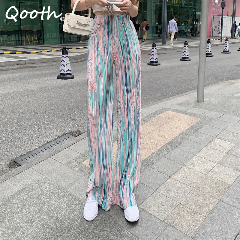 

Свободные драпированные тонкие повседневные брюки Qooth с широкими штанинами, прямые длинные брюки с высокой талией, летние универсальные бр...